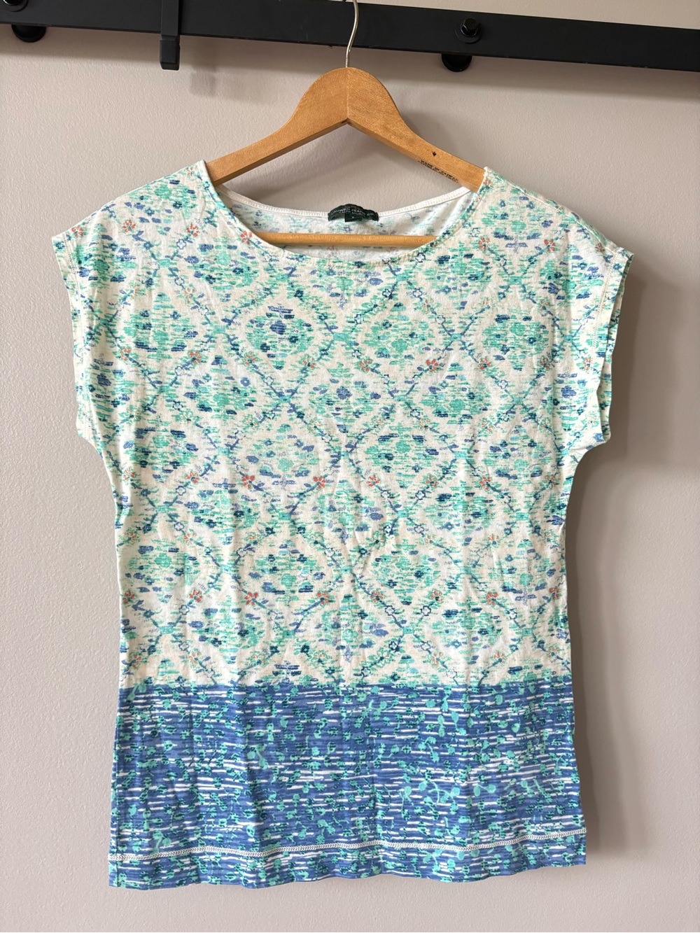 Ralph Lauren Mint Aqua Patterned Short Sleeve Tee with Navy Hem